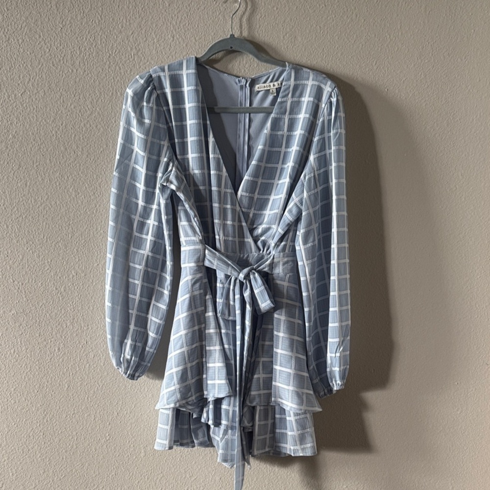 Blue Plaid Long Sleeve Romper